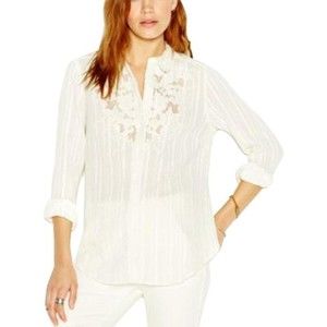 Free People Ivory Crochet Trim Button-down Top